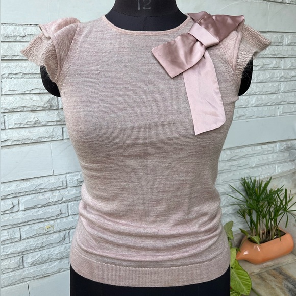 Mango Pink Mauve Woollen Top with satin bow on shoulders - Picture 2 of 7